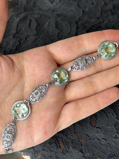 Art Deco Revival Vintage Inspired Silver Filagree Faceted Green Amethyst Bracelet