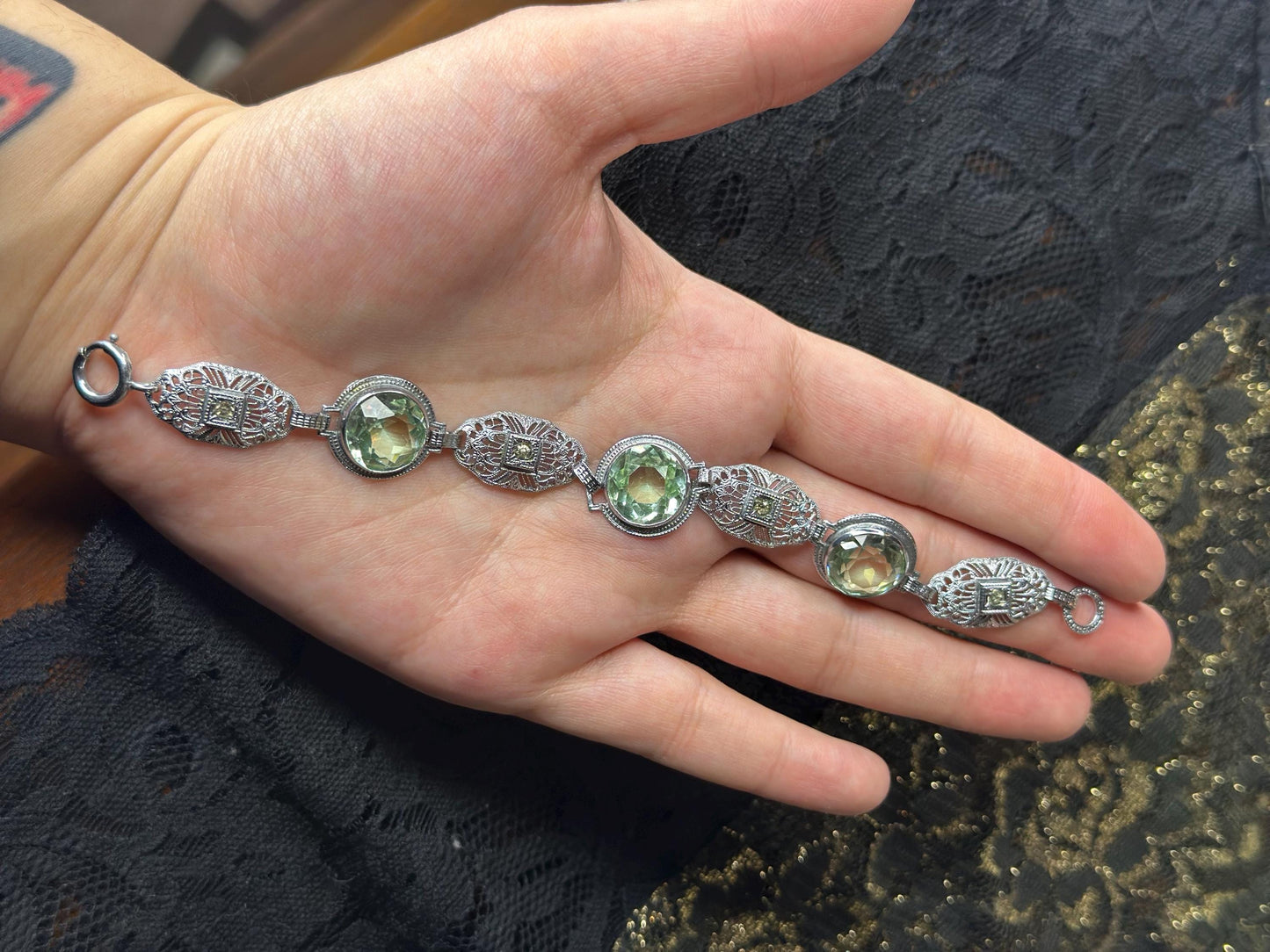 Art Deco Revival Vintage Inspired Silver Filagree Faceted Green Amethyst Bracelet