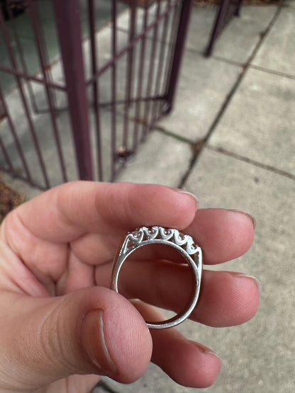 Vintage 50's 5 Stone Lab Created Diamonds White 14K Gold Electroplated Cocktail Size 7 Ring