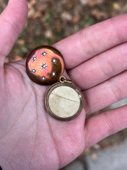 Vintage Antique Victorian Aged Brass and Rhinestone Starburst locket