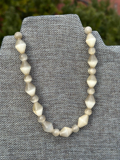 Antique Old Crystal Quartz Selenite Cornerless Beaded Necklace Heavy Gems