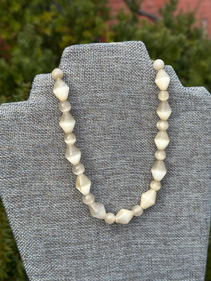 Antique Old Crystal Quartz Selenite Cornerless Beaded Necklace Heavy Gems