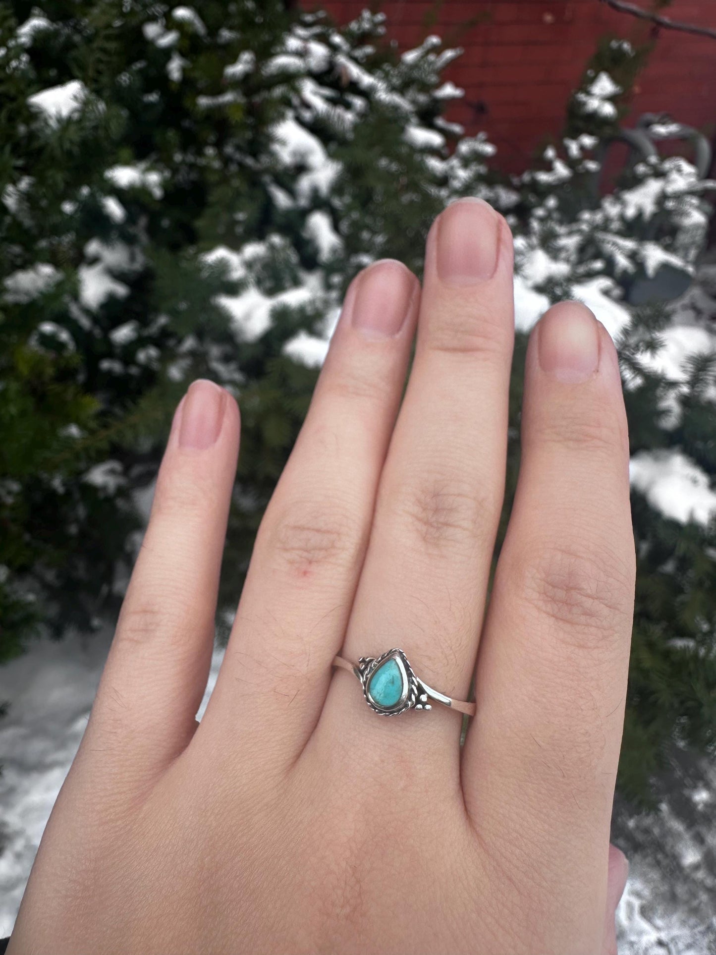 Vintage Sterling Silver Tear Drop Dainty Western Turquoise Navajo Ring Size 7.5