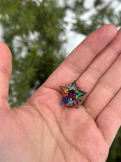 1950's Small Star Gold Tone Fruit Salad Faceted Rhinestone Brooch Small Star Christmas