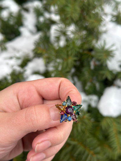 1950's Small Star Gold Tone Fruit Salad Faceted Rhinestone Brooch Small Star Christmas