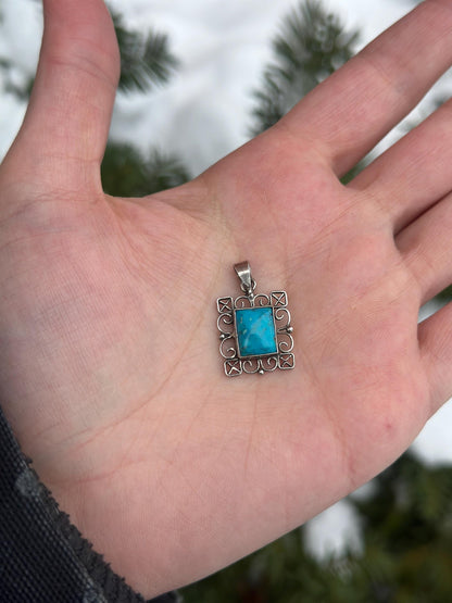 Vintage Sterling Silver Whimsigoth Filigree Turquoise Charm Pendant Necklace