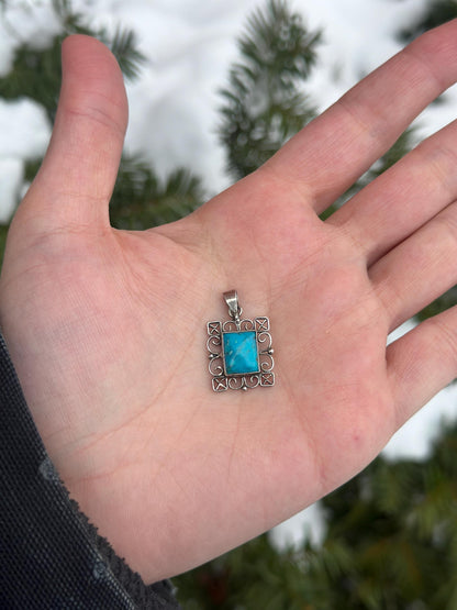 Vintage Sterling Silver Whimsigoth Filigree Turquoise Charm Pendant Necklace