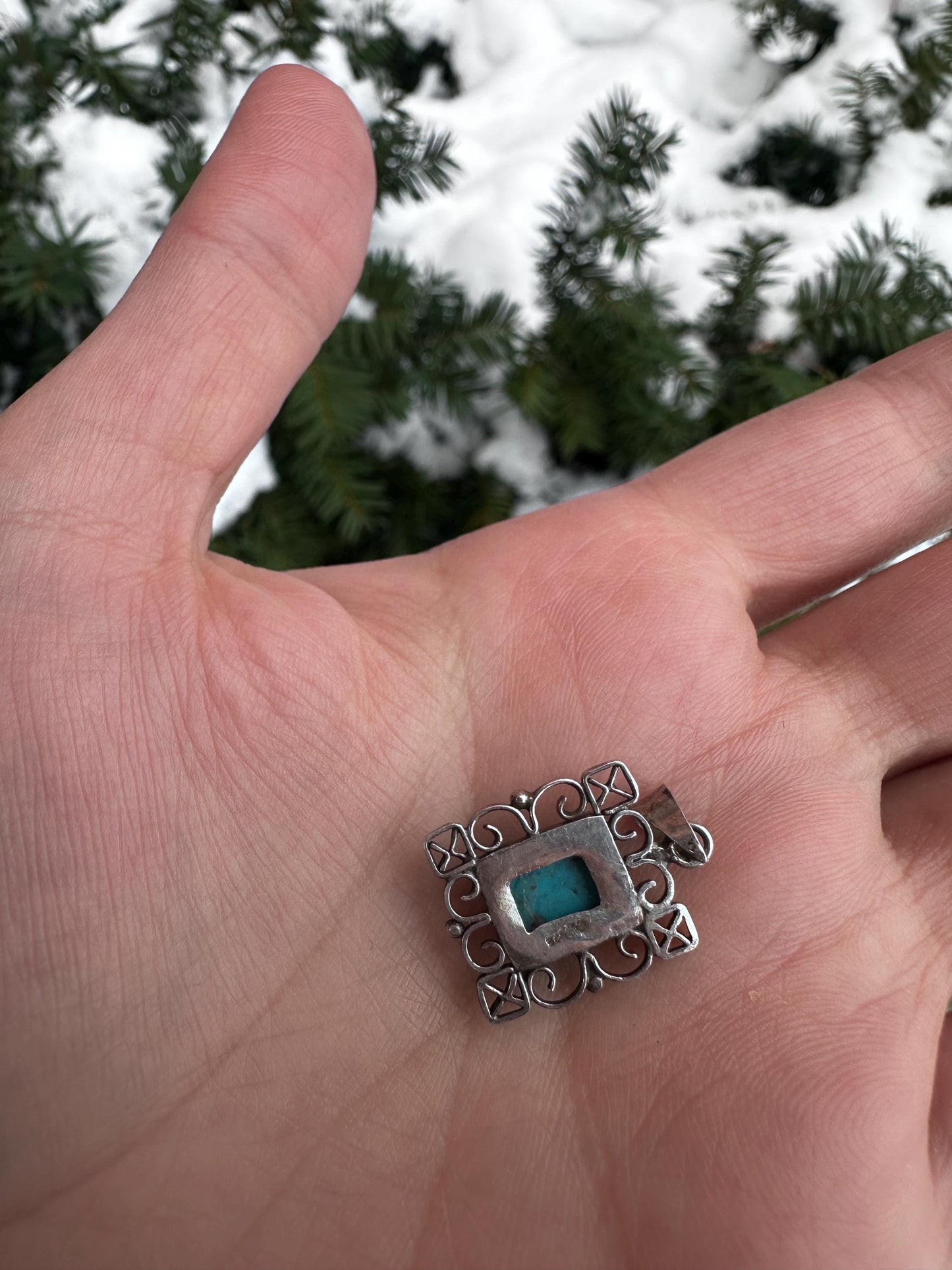 Vintage Sterling Silver Whimsigoth Filigree Turquoise Charm Pendant Necklace