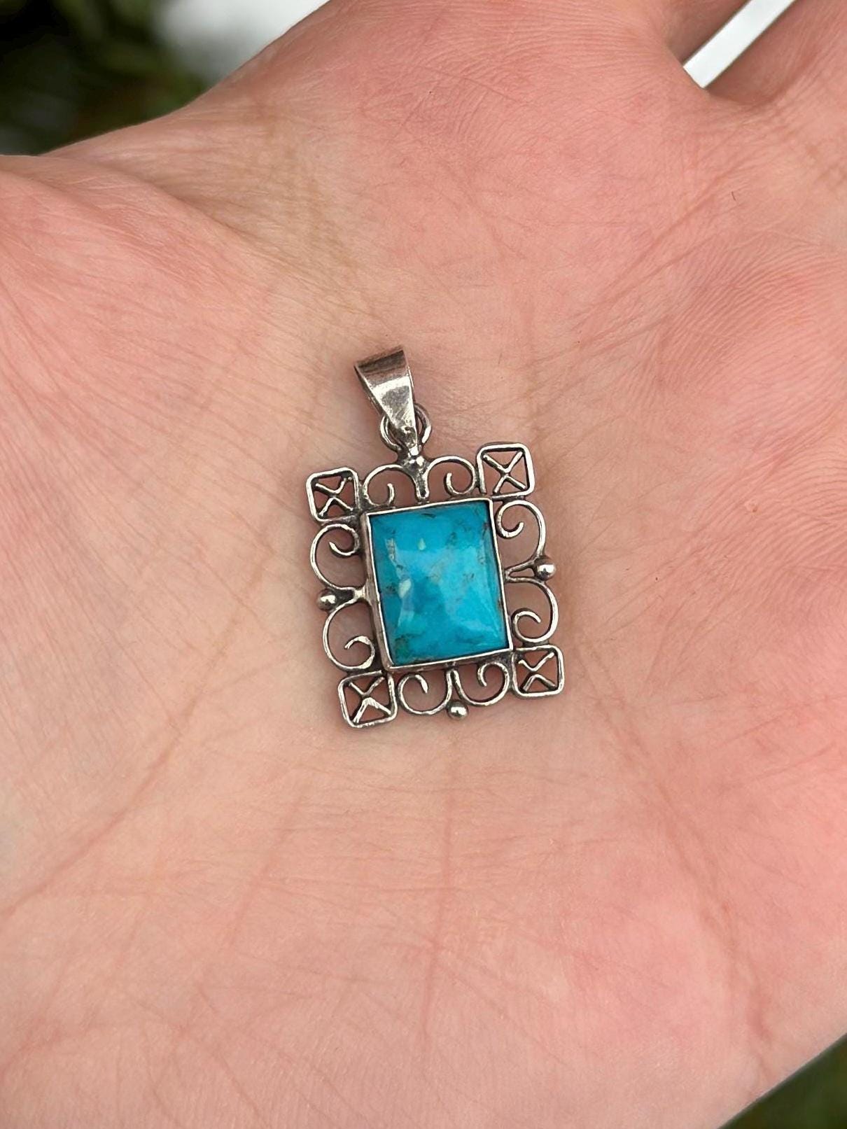 Vintage Sterling Silver Whimsigoth Filigree Turquoise Charm Pendant Necklace