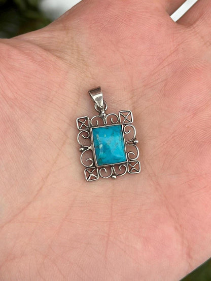 Vintage Sterling Silver Whimsigoth Filigree Turquoise Charm Pendant Necklace