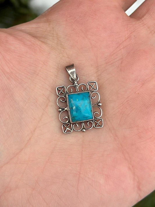 Vintage Sterling Silver Whimsigoth Filigree Turquoise Charm Pendant Necklace