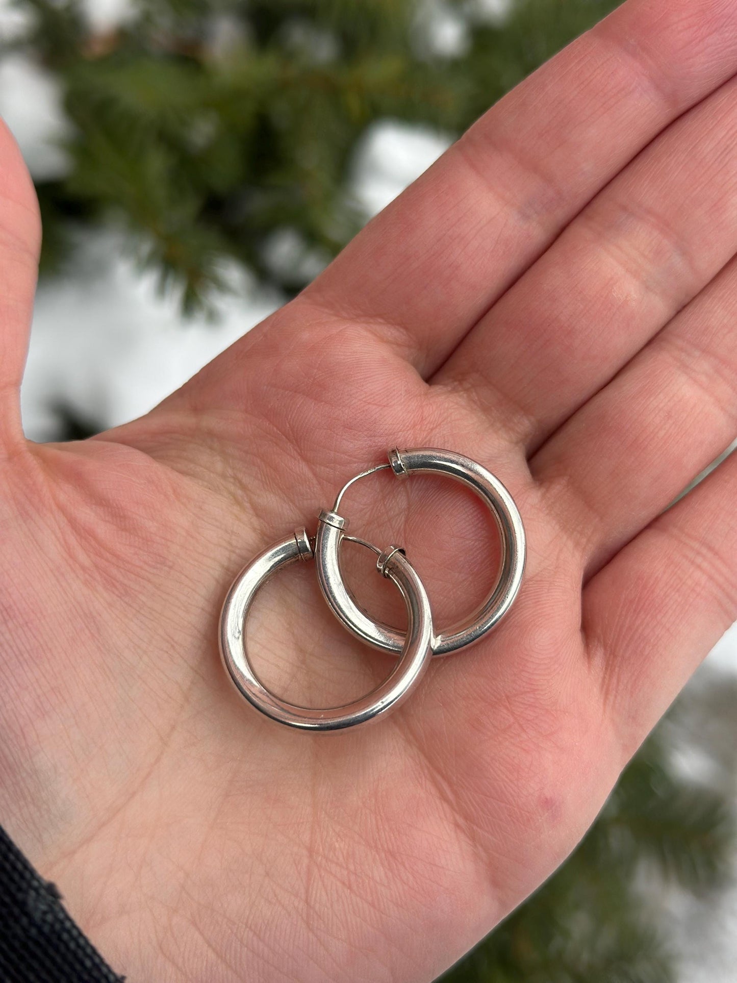 Lightweight Sterling Silver Chunky Tubular Hollow Hoops Vintage Style Artsy