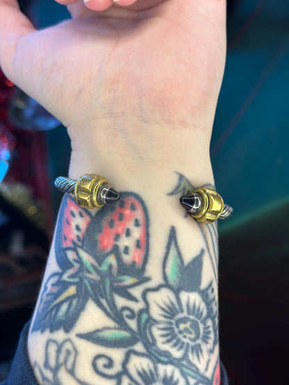 Vintage Mexican Art Deco Avant Garde Sterling Silver Twisted Cable Rope Cuff with Brass and Onyx