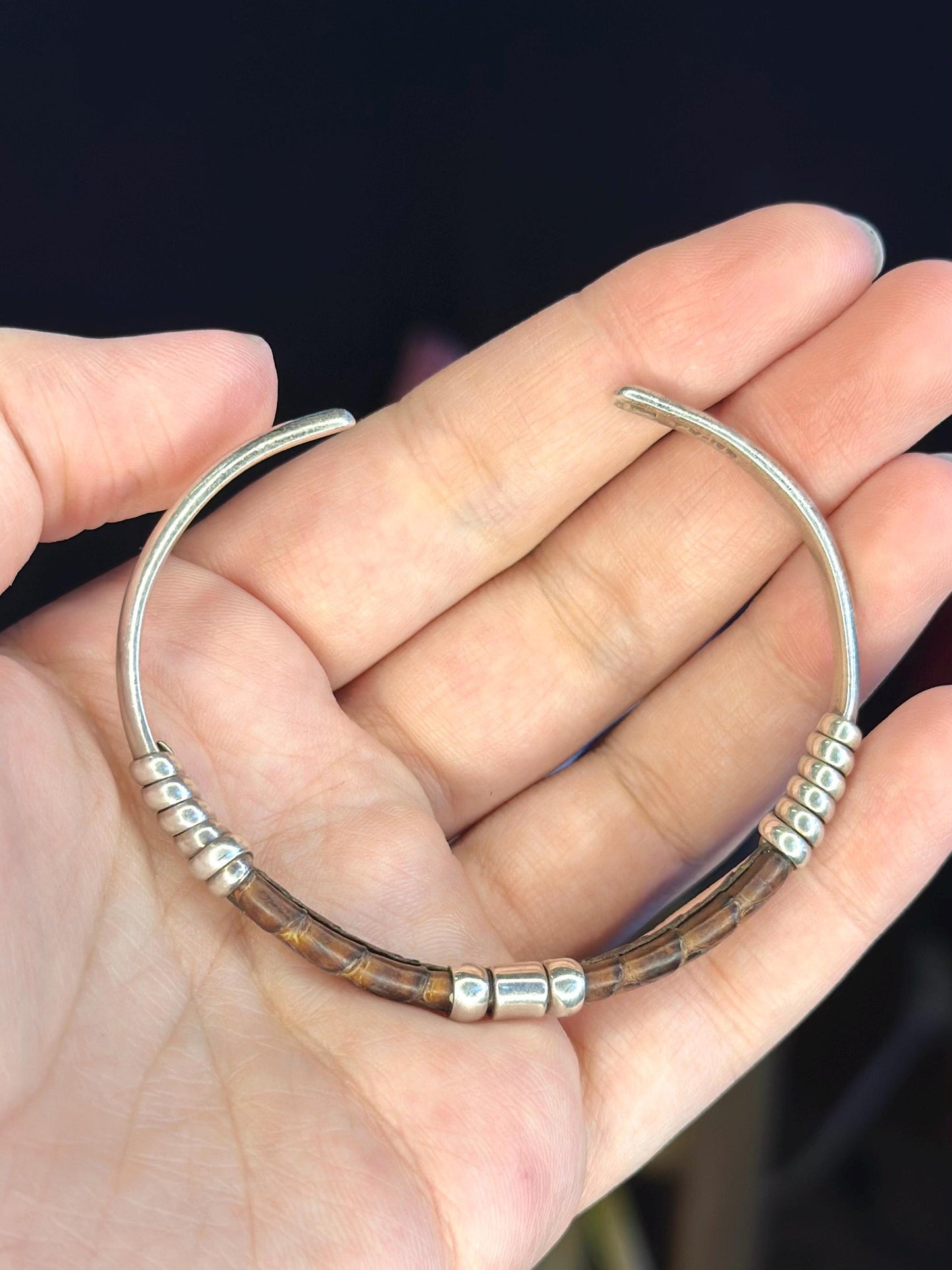 Handmade Signed Sterling Silver and Brown Leather Mexican Bracelet Cuff