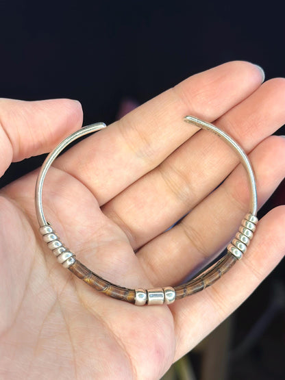 Handmade Signed Sterling Silver and Brown Leather Mexican Bracelet Cuff