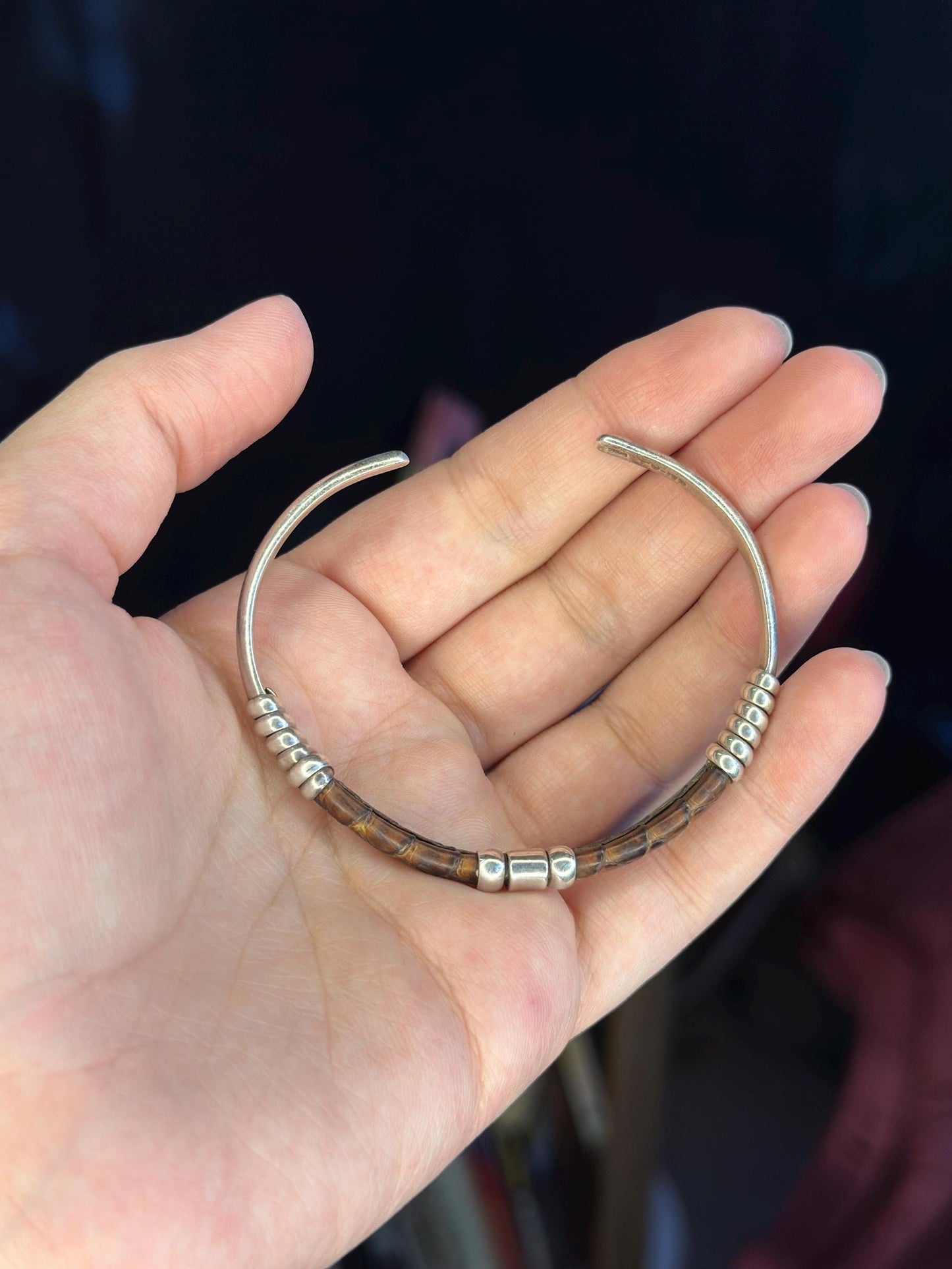 Handmade Signed Sterling Silver and Brown Leather Mexican Bracelet Cuff