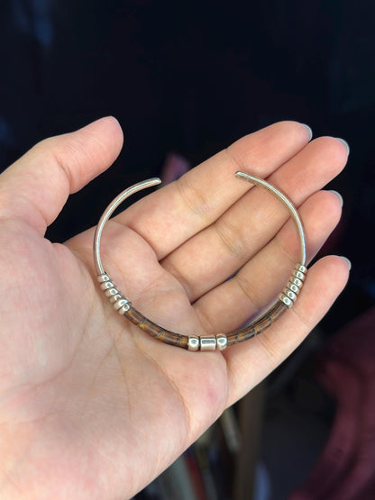 Handmade Signed Sterling Silver and Brown Leather Mexican Bracelet Cuff