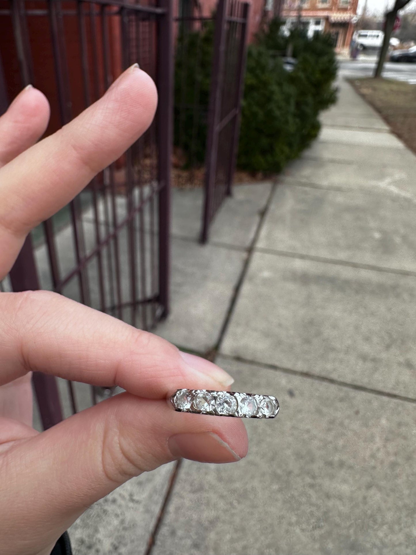Vintage 50's 5 Stone Lab Created Diamonds White 14K Gold Electroplated Cocktail Size 7 Ring