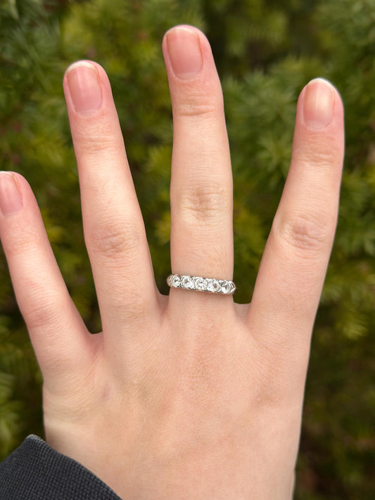 Vintage 50's 5 Stone Lab Created Diamonds White 14K Gold Electroplated Cocktail Size 7 Ring