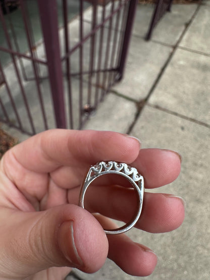 Vintage 50's 5 Stone Lab Created Diamonds White 14K Gold Electroplated Cocktail Size 7 Ring