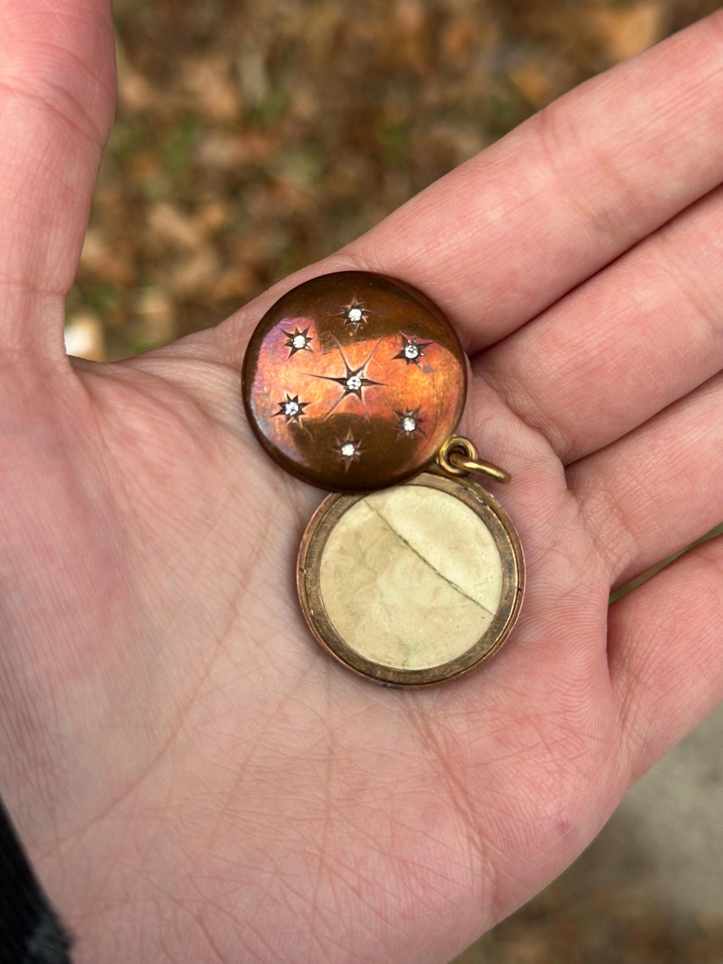 Vintage Antique Victorian Aged Brass and Rhinestone Starburst locket