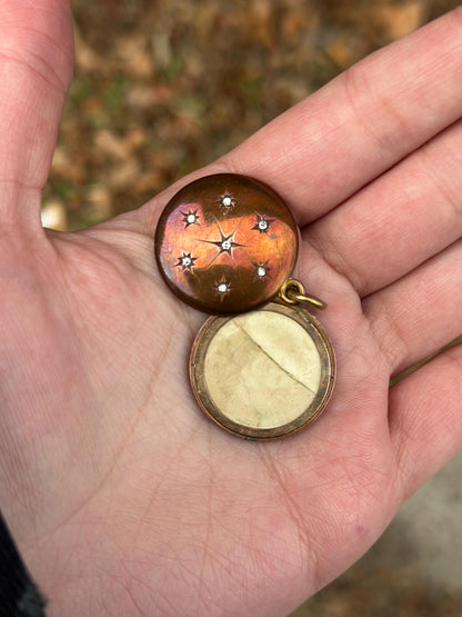 Vintage Antique Victorian Aged Brass and Rhinestone Starburst locket