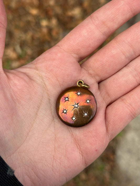 Vintage Antique Victorian Aged Brass and Rhinestone Starburst locket
