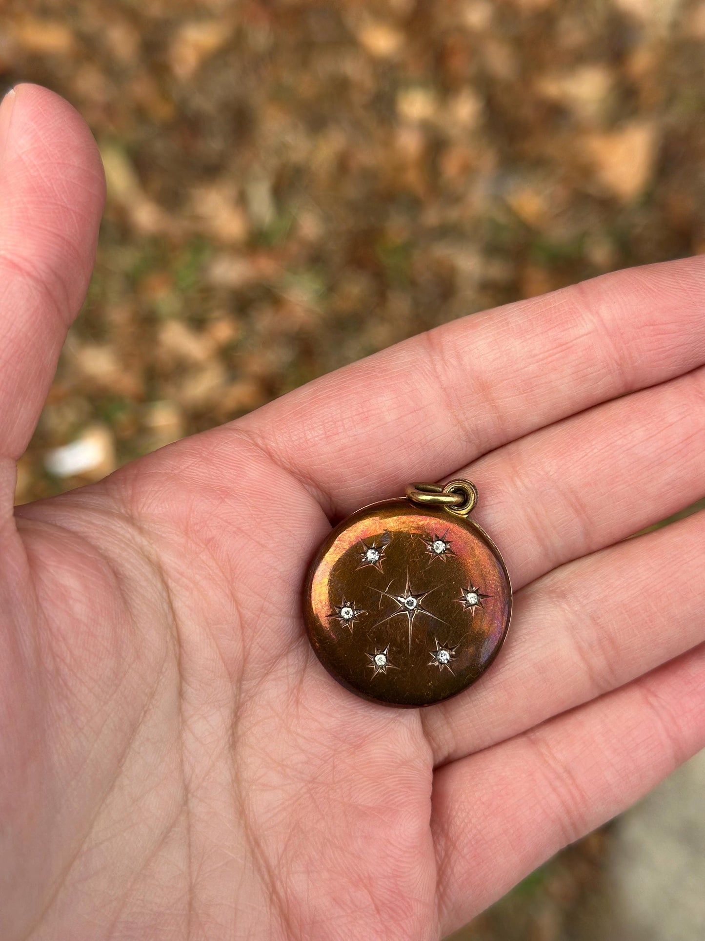 Vintage Antique Victorian Aged Brass and Rhinestone Starburst locket