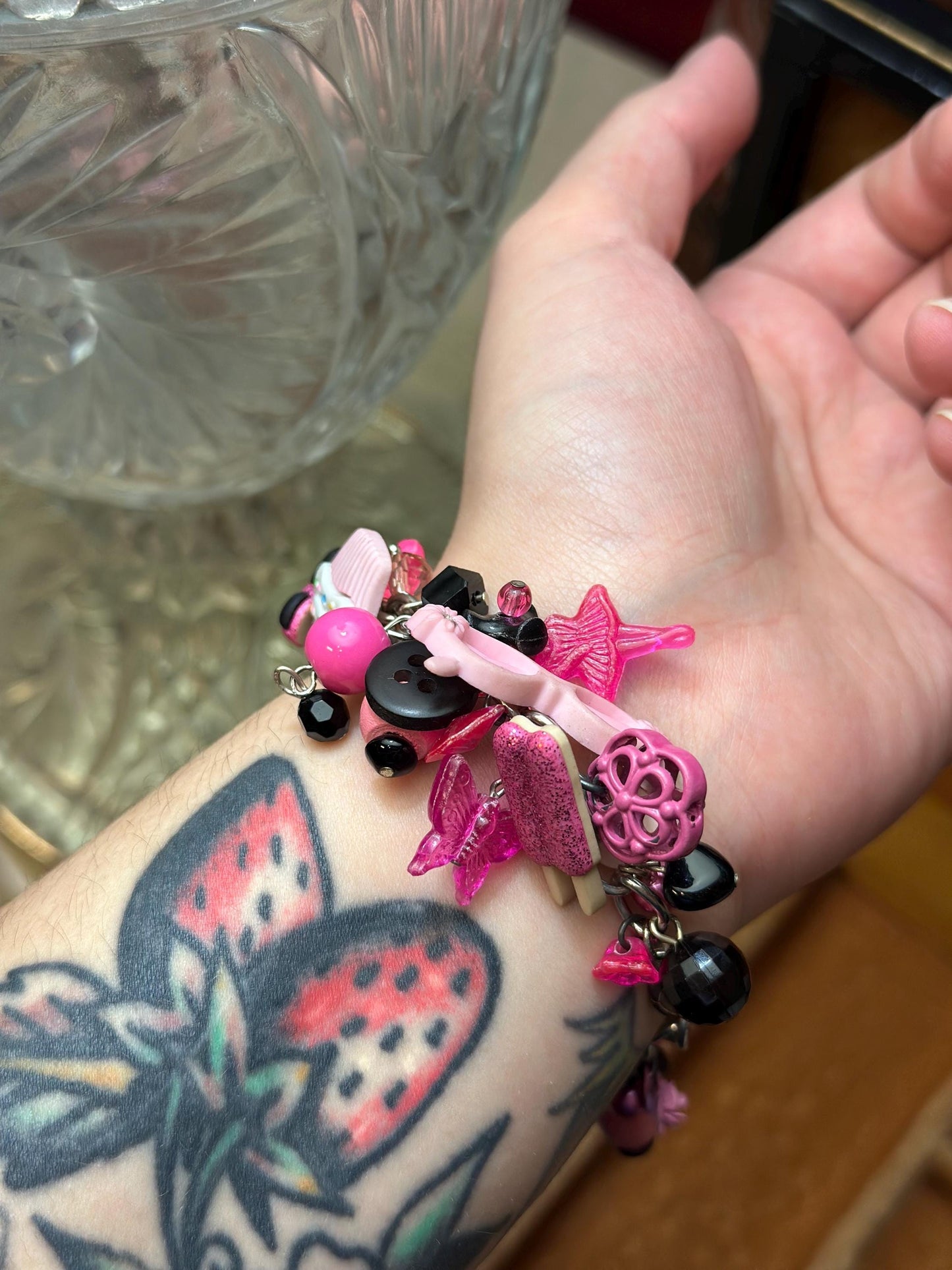 Vintage 1980's Inspired Overloaded Junk Bracelet with Plastic Charms Pink and Black Betsy Johnson Barbie Inspired.
