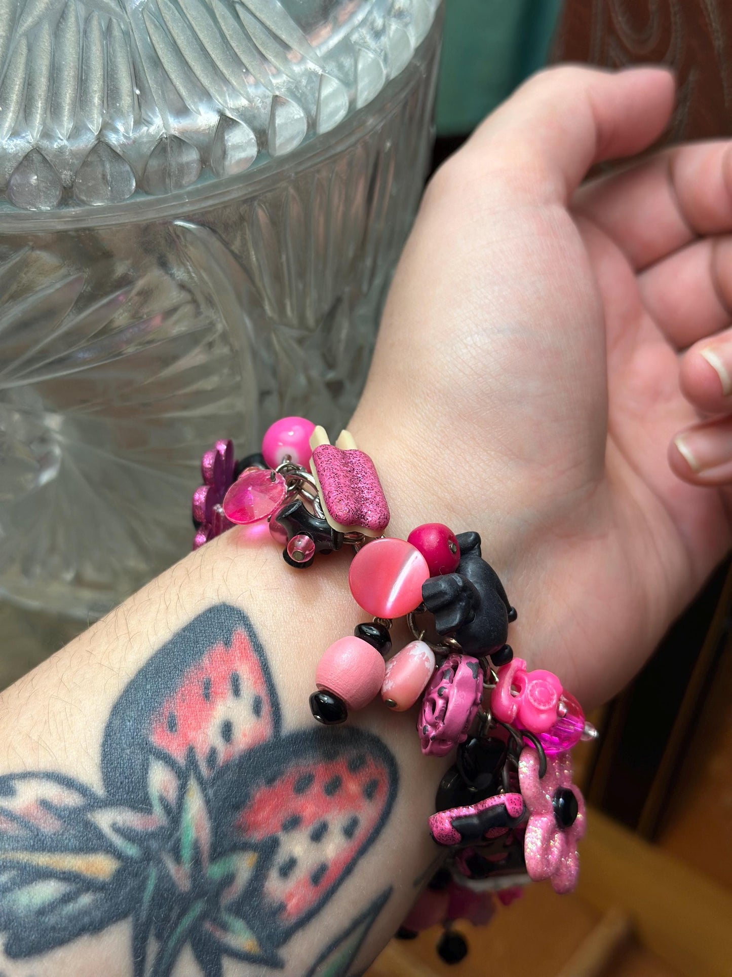 Vintage 1980's Inspired Overloaded Junk Bracelet with Plastic Charms Pink and Black Betsy Johnson Barbie Inspired.