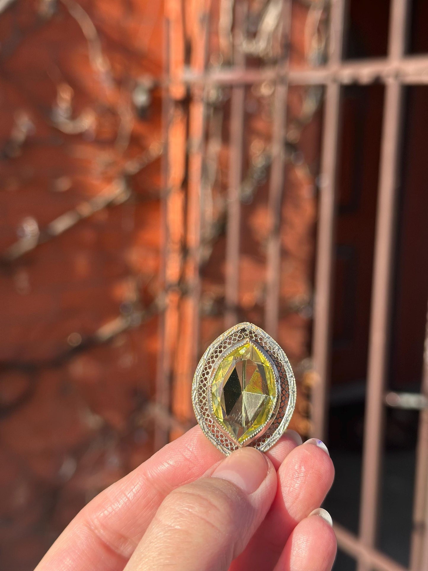 Antique Style Lemon Quartz Citrine Filligree Silver Tone Brooch
