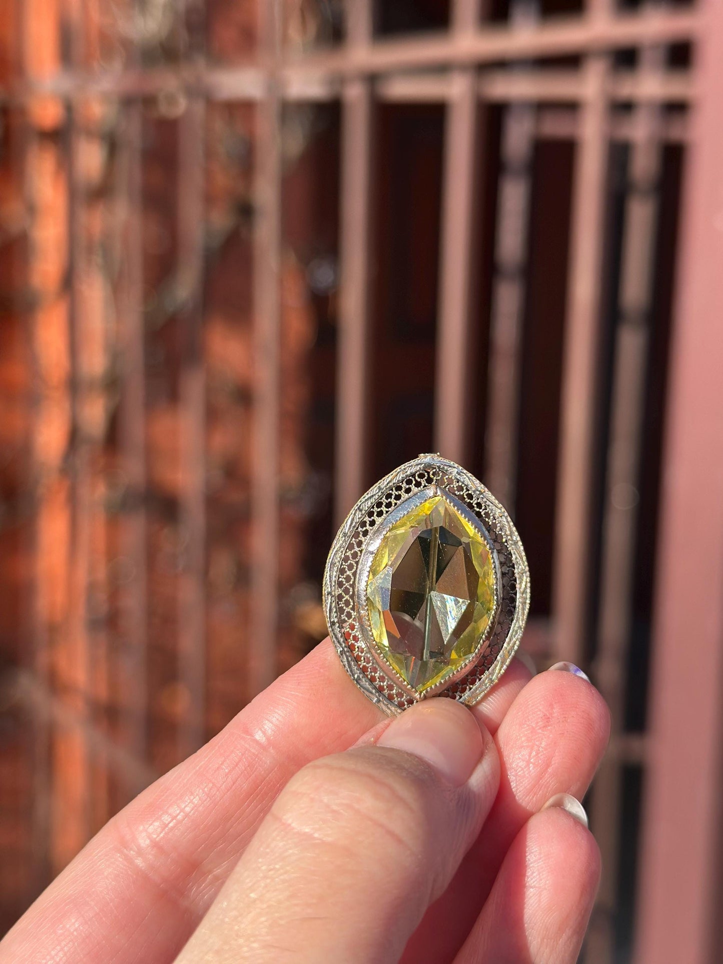 Antique Style Lemon Quartz Citrine Filligree Silver Tone Brooch