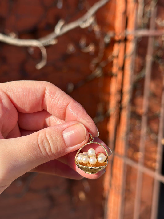 Vintage Japan MCM 14K Solid Gold and Pearl Eggs in a Basket Necklace Charm or Pendant Easter Spring Kitschy Gold Charm Unique