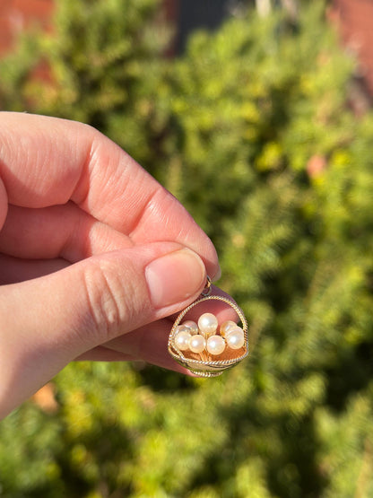 Vintage Japan MCM 14K Solid Gold and Pearl Eggs in a Basket Necklace Charm or Pendant Easter Spring Kitschy Gold Charm Unique