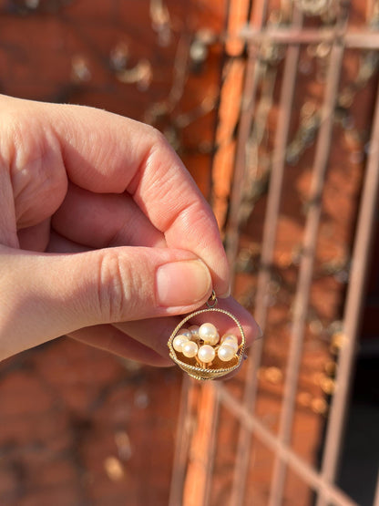 Vintage Japan MCM 14K Solid Gold and Pearl Eggs in a Basket Necklace Charm or Pendant Easter Spring Kitschy Gold Charm Unique