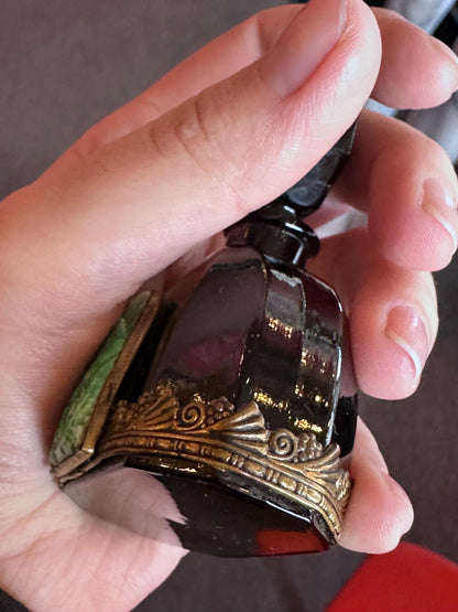 Antique 1930's RARE Czech Black Onyx Glass with Malachite Art Deco Perfume Bottle Art Noveau