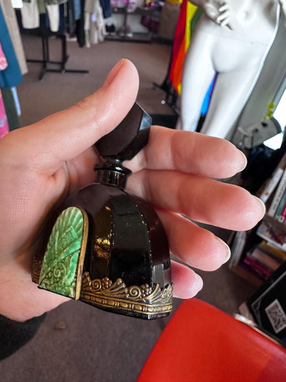 Antique 1930's RARE Czech Black Onyx Glass with Malachite Art Deco Perfume Bottle Art Noveau