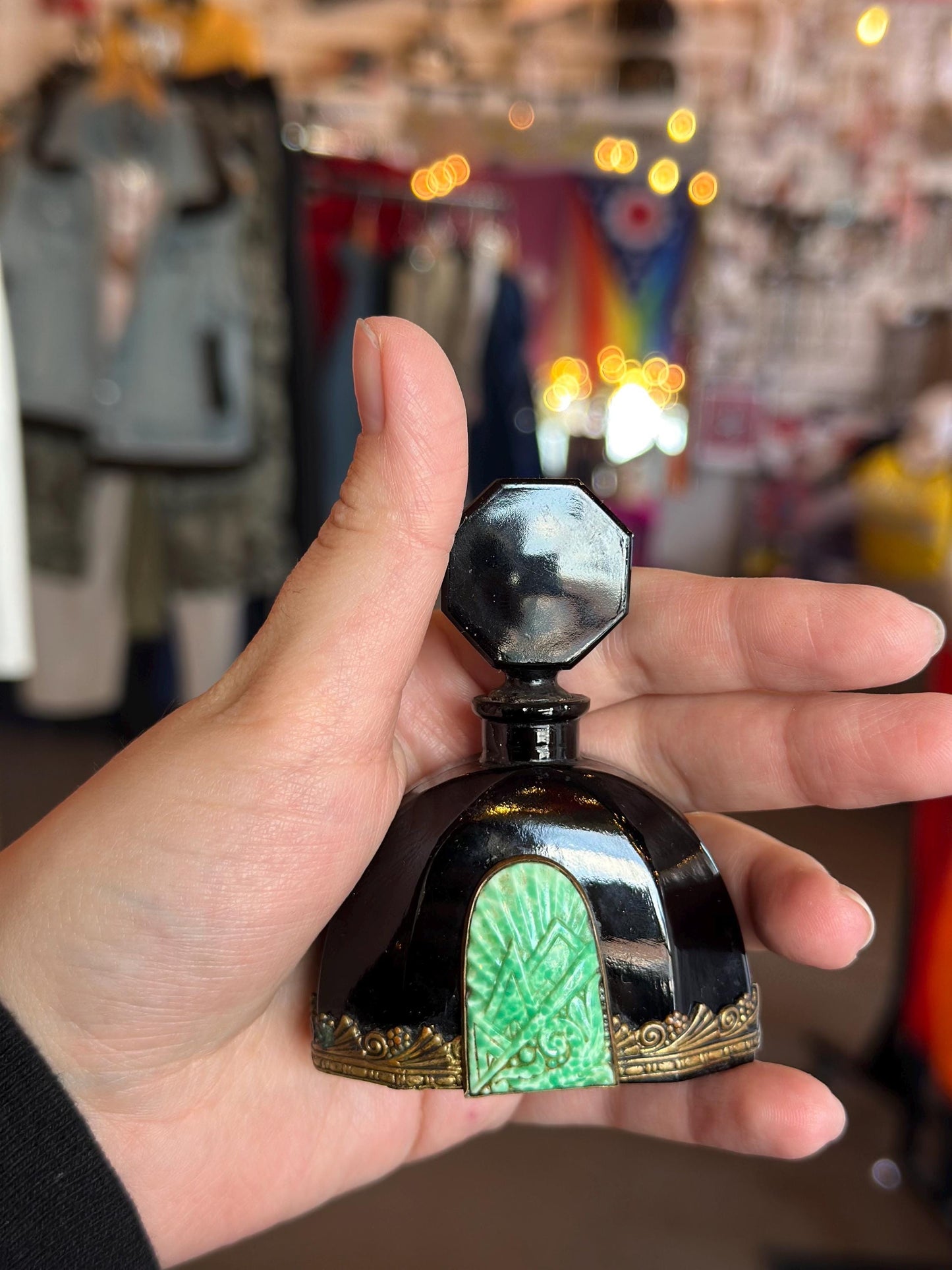 Antique 1930's RARE Czech Black Onyx Glass with Malachite Art Deco Perfume Bottle Art Noveau