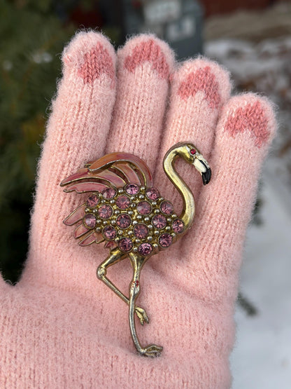 Vintage 1940's or Earlier Flamingo Rhinestone Handpainted Trefari Inspired Brooch or Pin