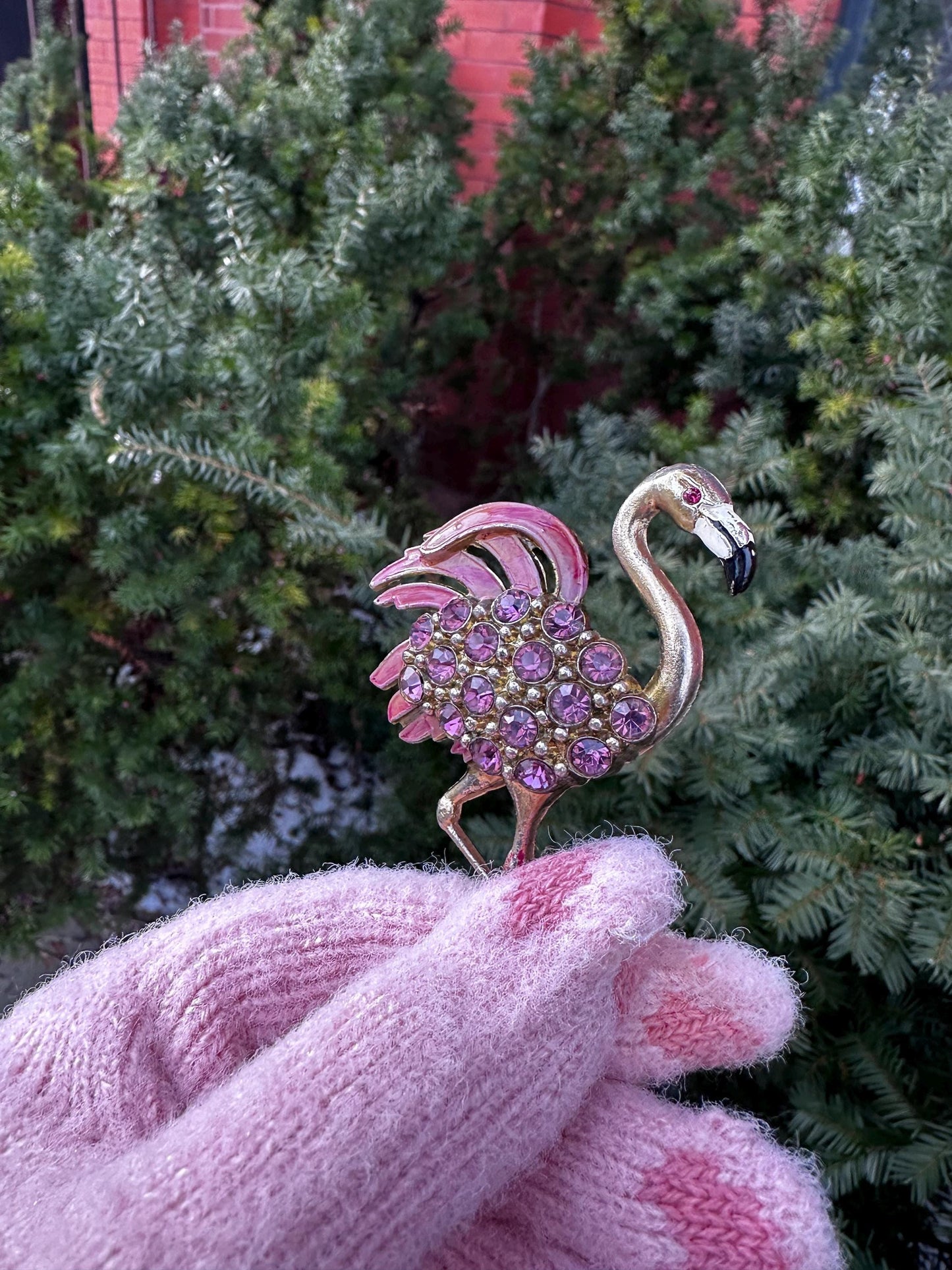 Vintage 1940's or Earlier Flamingo Rhinestone Handpainted Trefari Inspired Brooch or Pin