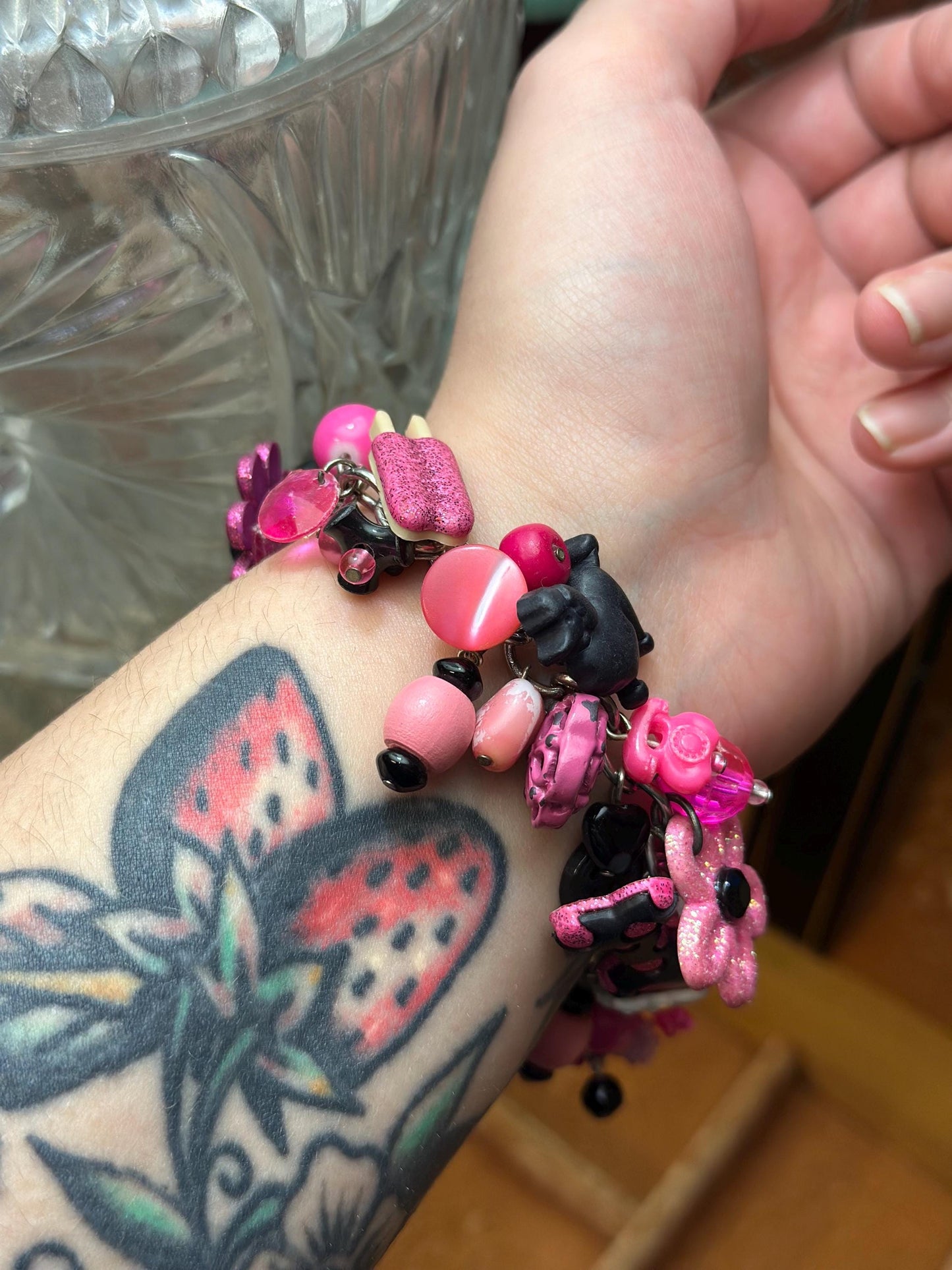 Vintage 1980's Inspired Overloaded Junk Bracelet with Plastic Charms Pink and Black Betsy Johnson Barbie Inspired.