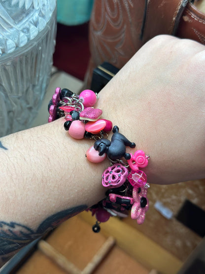 Vintage 1980's Inspired Overloaded Junk Bracelet with Plastic Charms Pink and Black Betsy Johnson Barbie Inspired.