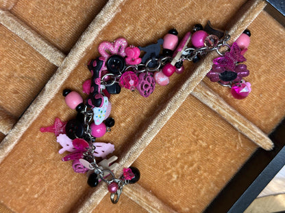 Vintage 1980's Inspired Overloaded Junk Bracelet with Plastic Charms Pink and Black Betsy Johnson Barbie Inspired.