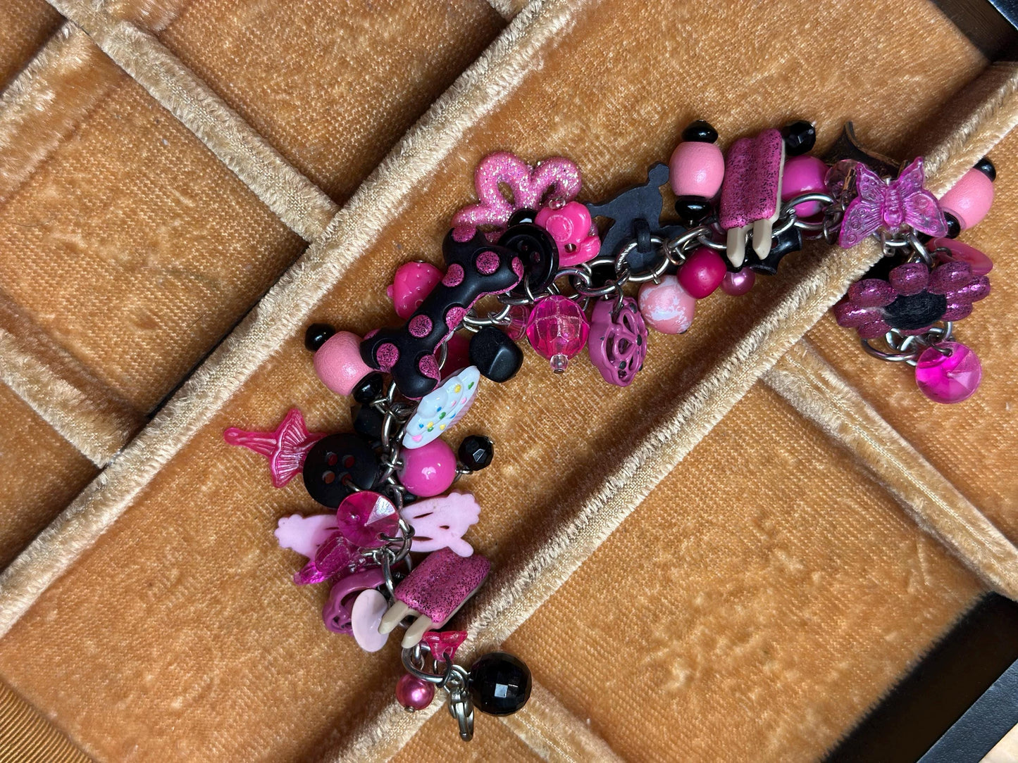 Vintage 1980's Inspired Overloaded Junk Bracelet with Plastic Charms Pink and Black Betsy Johnson Barbie Inspired.