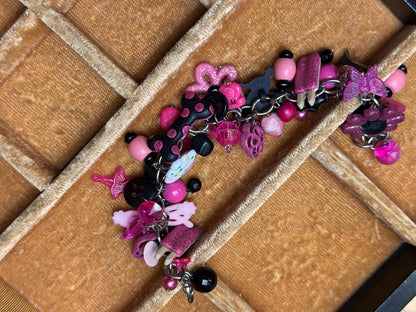 Vintage 1980's Inspired Overloaded Junk Bracelet with Plastic Charms Pink and Black Betsy Johnson Barbie Inspired.