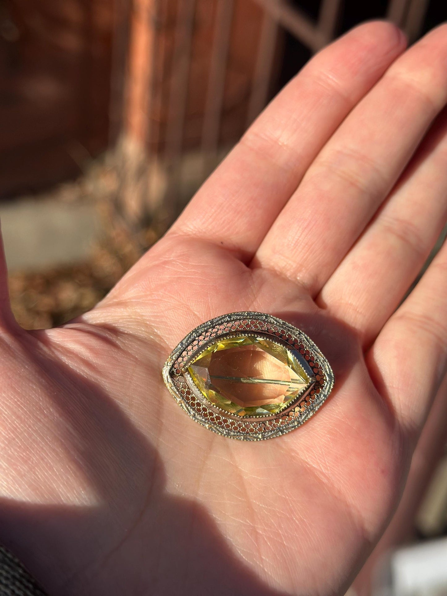 Antique Style Lemon Quartz Citrine Filligree Silver Tone Brooch