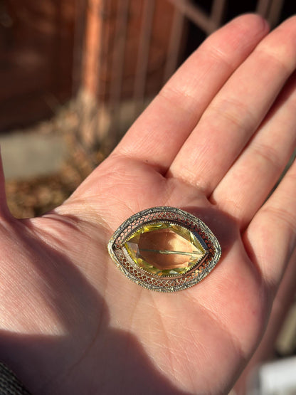Antique Style Lemon Quartz Citrine Filligree Silver Tone Brooch