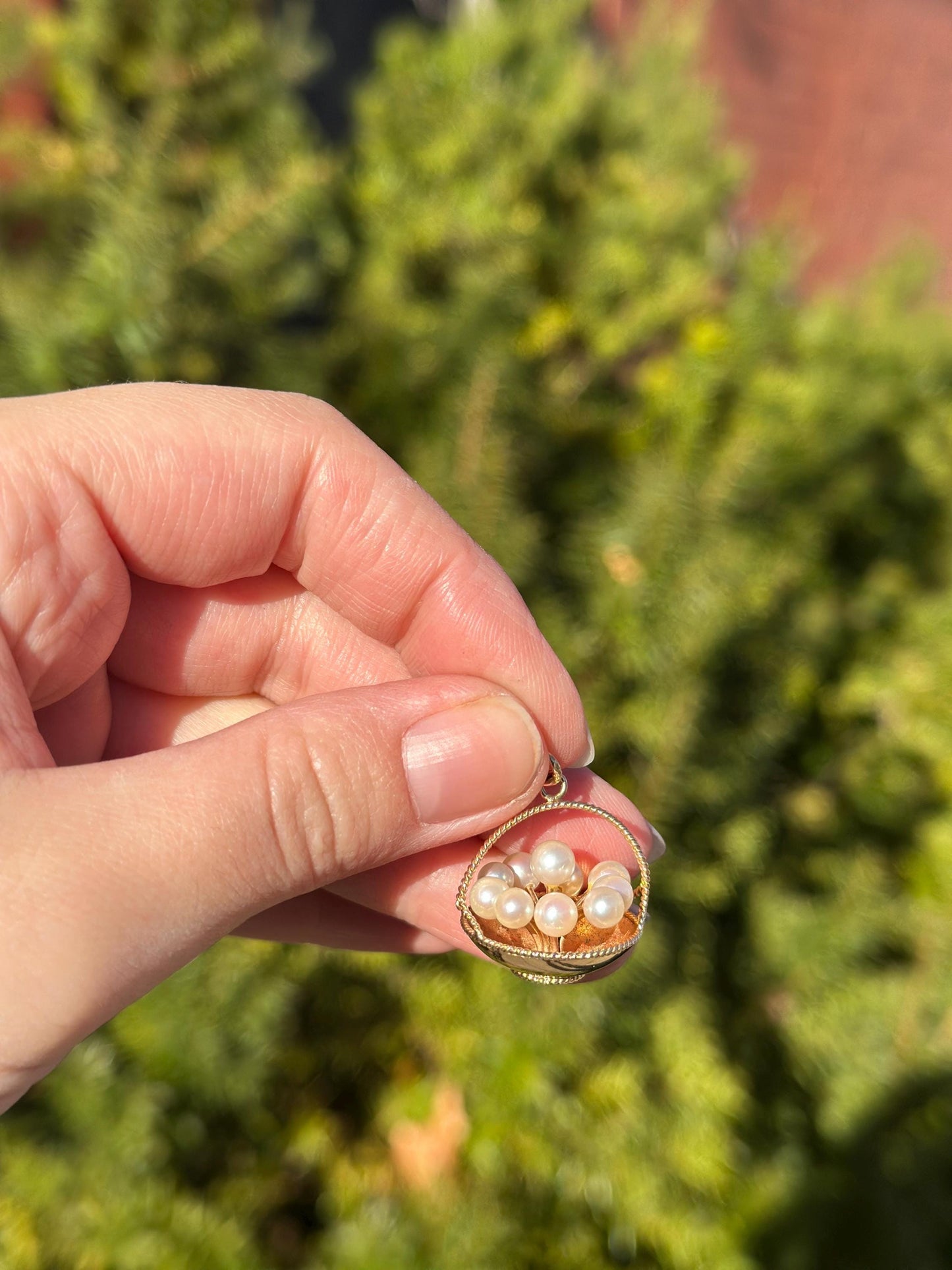 Vintage Japan MCM 14K Solid Gold and Pearl Eggs in a Basket Necklace Charm or Pendant Easter Spring Kitschy Gold Charm Unique