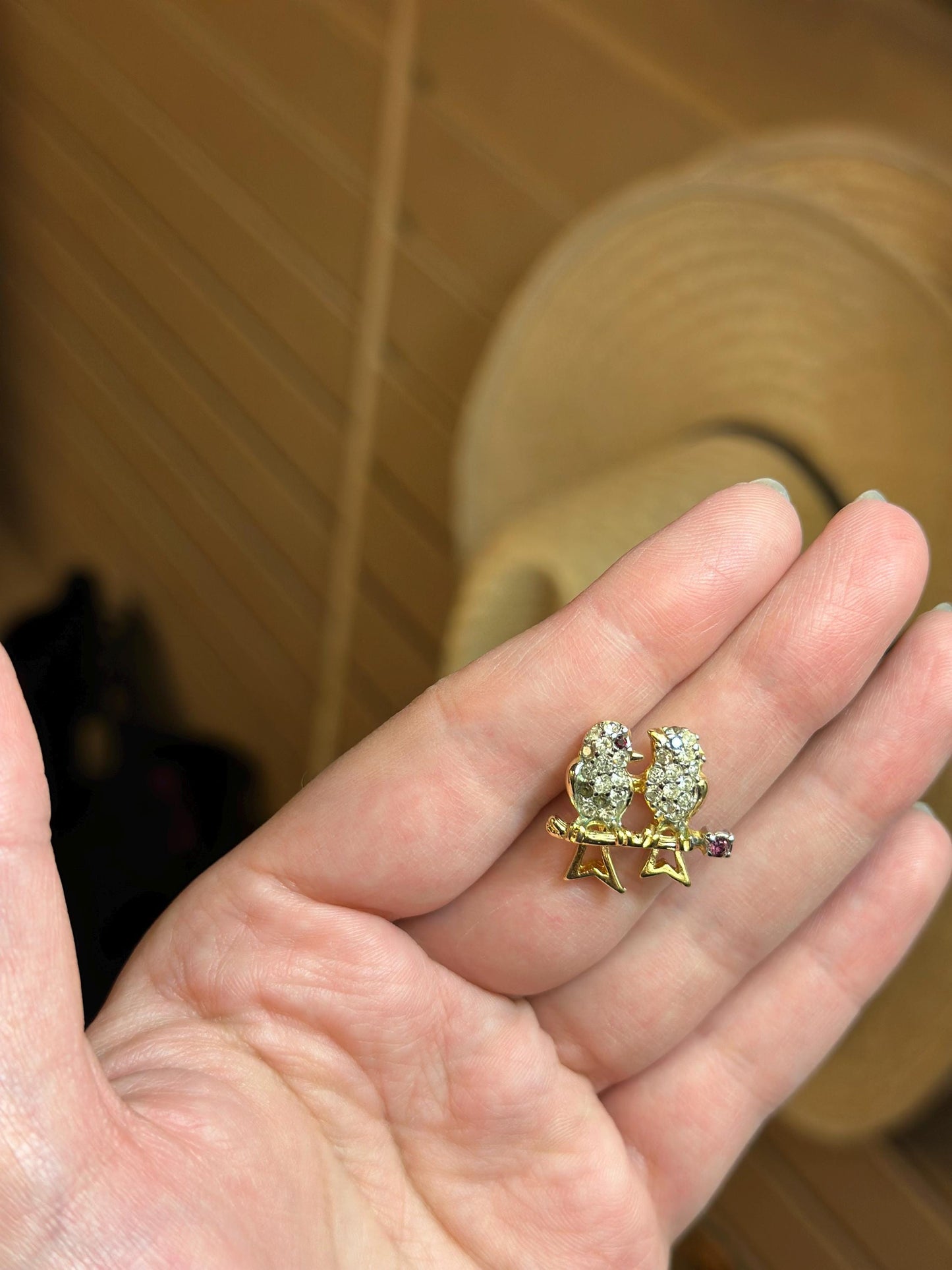 Vintage Rhinestone Gold Tone Lover Birds Pin or Brooch Love Kitschy MCM Brooch