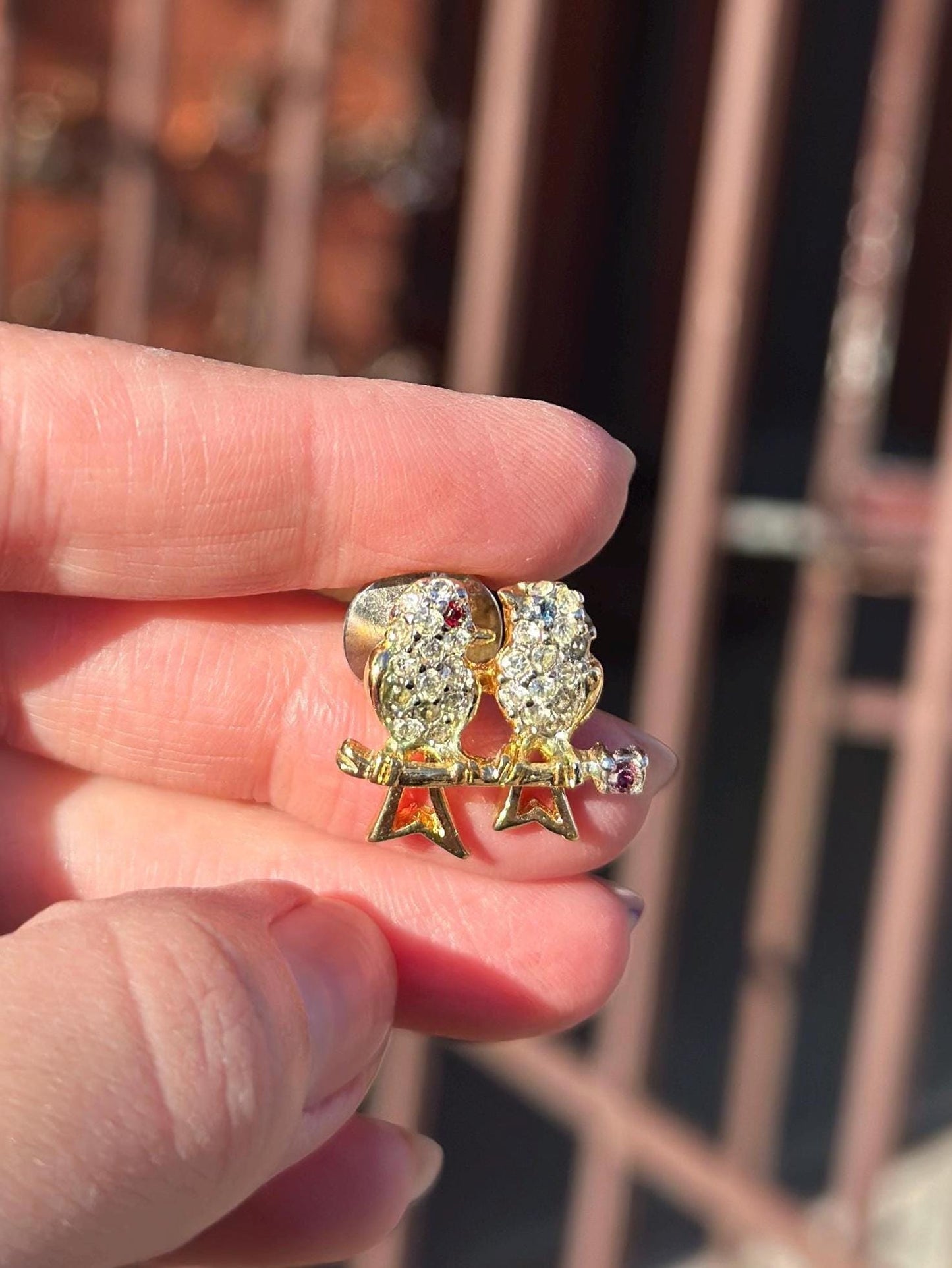 Vintage Rhinestone Gold Tone Lover Birds Pin or Brooch Love Kitschy MCM Brooch
